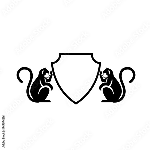 Two Stylized Monkeys Flanking an Empty Shield Silhouette Logo Design