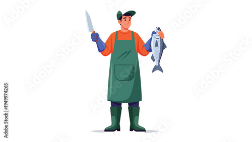 The Fishmonger's Catch: A skilled fishmonger, clad in an apron and gloves, stands confidently, displaying a freshly caught fish in one hand and a sharp knife in the other.