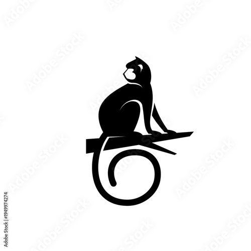 Black Cat Silhouette Sitting on Tree Branch with Curled Tail Vector Illustration