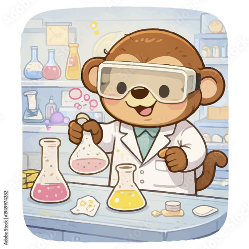 Cute monkey scientist doing experiment in cartoon laboratory.