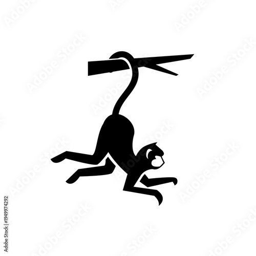 Black silhouette of an agile monkey hanging upside down from a tree branch by its prehensile tail, presented in a minimalist graphic style.