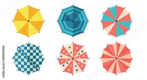 Colorful umbrella icons in various patterns and designs