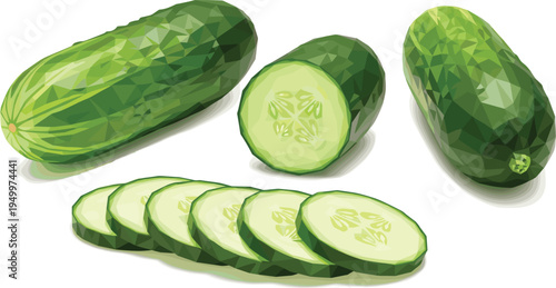 Low poly cucumber whole and slices set. Polygonal green cucumber with cut rounds. Geometric vegetable illustration for healthy food, salad ingredient, and organic produce design.