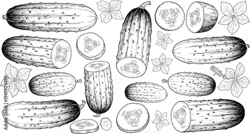 Hand drawn cucumber sketch set. Vintage engraved cucumbers with slices, flowers, and leaves. Black and white botanical vegetable illustration for food design and gardening themes.
