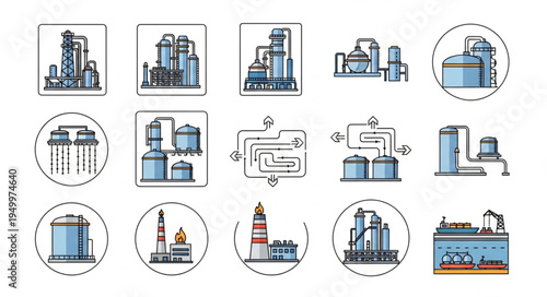 Industrial Plant Icons - Chemical Processing and Manufacturing Symbols.