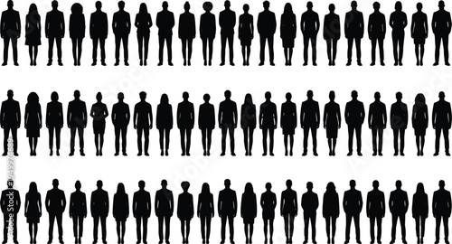 People silhouettes large collection, men and women standing figures, diverse human crowd characters, business and casual lifestyle vector set