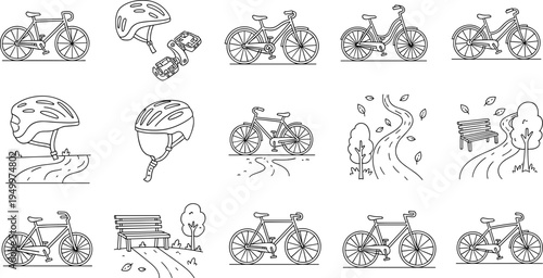 Collection of hand-drawn bicycle icons and park scenery elements for design