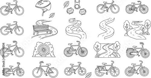Collection of hand-drawn bicycle icons and park path illustrations