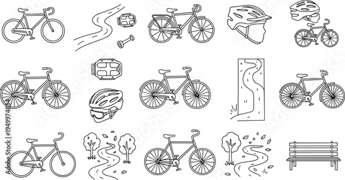 Collection of bicycle icons and elements for cycling and outdoor activities