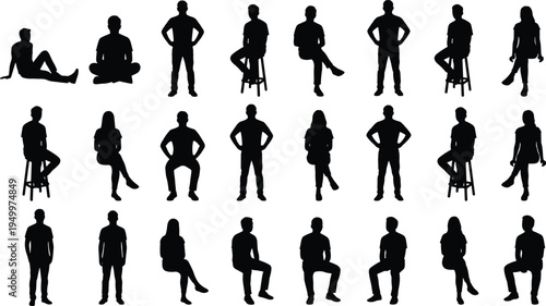 People sitting and standing silhouettes collection, men and women casual poses, seated stool positions, human figure vector illustration set