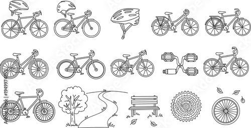 Collection of bicycle parts and accessories in a simple line drawing style