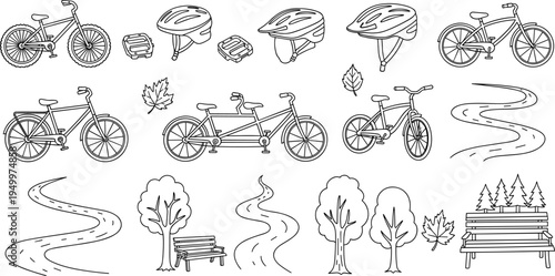 Collection of hand-drawn bicycle elements and park scenery for outdoor activities