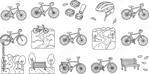 Collection of hand-drawn bicycle illustrations and park scenes for design