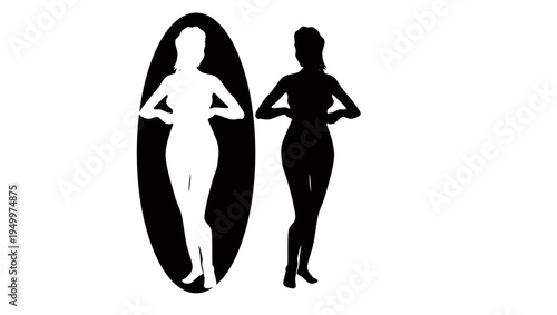 woman looking in the mirror, black isolated silhouette