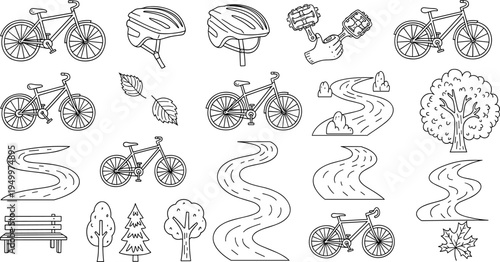 Collection of hand-drawn bicycle elements and outdoor scenery for cycling adventures