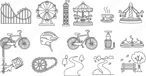 Collection of amusement park and cycling icons in a simple line art style