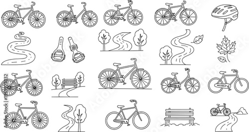 Collection of bicycle icons and related elements for outdoor activities and travel