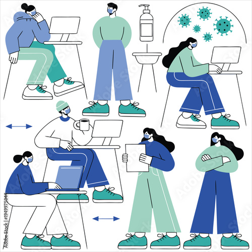 People wearing masks maintain social distancing at desks with laptops and hand sanitizer.