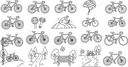 Collection of hand-drawn bicycle icons and cycling-themed illustrations in a simple line art style