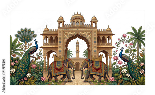 An ornate indian gateway flanked by peacocks and decorated elephants a stunning digital illustration on transparent background high-quality professional