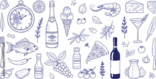Food and drink hand drawn doodle set. Wine bottle, pizza, fish, cheese, cocktail, fruits and herbs. Vintage kitchen illustration for restaurant menu and cooking design.