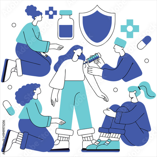 Diverse group receiving vaccination against virus, promoting public health campaign.