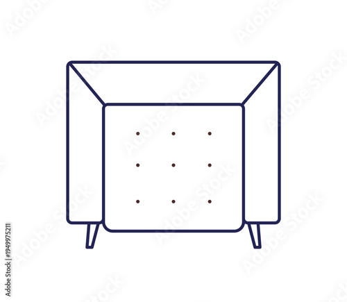 Outline armchair, top above view. Contour line-art furniture design. Linear chair seat with legs for living room interior design, floorplan. Flat vector illustration isolated on white background