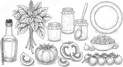 Kitchen food ingredients vintage sketch set. Tomato, basil, olive oil bottle, jars and salad bowl. Hand drawn cooking illustration for organic food and restaurant menu.