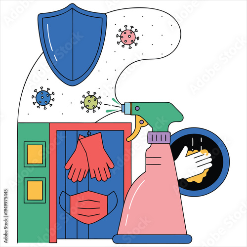 Flat vector illustration of virus prevention with shield, mask, gloves, and sanitizer spray.
