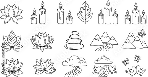 Collection of simple line art icons representing nature, wellness, and tranquility