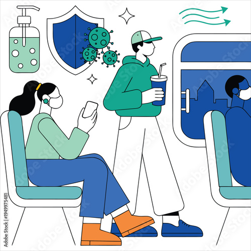 Public transport virus prevention flat vector with people wearing masks and hand sanitizer.