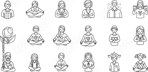 Diverse people meditating and practicing mindfulness in a simple line art style