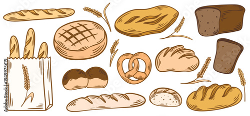 Hand drawn set of baked goods. Dark rye bread, loaf, baguette, buns, pretzels, loaves of bread and ears of grain. Bakery illustrations, clip art, vector elements