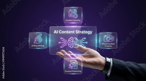 A hand in a business suit interacts with a futuristic AI Content Strategy interface on a dark purple background with glowing icons representing content planning, creation, and publishing.