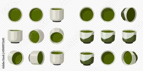 Set of matcha tea cups in various angles, showcasing traditional Japanese drinkware design.