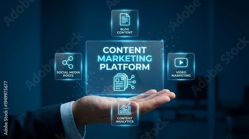 A hand holding a glowing digital content marketing platform with icons representing blog content, social media, video marketing, and content analytics