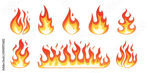 vector illustrations of fire and flame icons featuring various burning shapes, horizontal fire borders, and decorative heat elements. Ideal for graphic design, web icons, safety signs, and stickers.