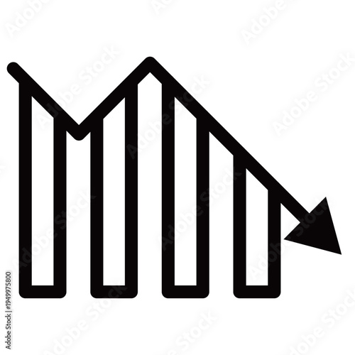 棒グラフと下降矢印のビジネスアイコンセット（下落・損失・削減・アウトラインあり）