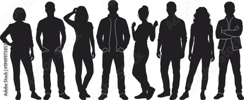 Young men and women silhouettes collection, casual standing people poses, modern lifestyle characters, diverse human figures vector illustration set