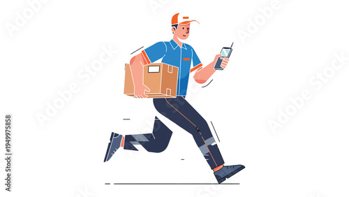 Swift Delivery Service: A courier sprints with a package in hand and a communication device, embodying the speed and efficiency of modern parcel delivery
