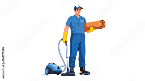 Custodian's Cleaning Service: A professional custodian stands confidently, equipped with cleaning tools and a rolled-up rug, ready to rejuvenate a space with his expertise. 