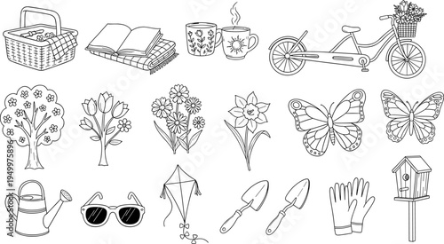 Collection of hand-drawn spring and summer outdoor activity icons and elements