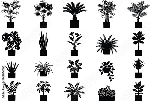 Collection of indoor potted houseplants silhouettes isolated on light background, decorative botanical icons set for interior design, gardening concept, minimalist plant illustration pack