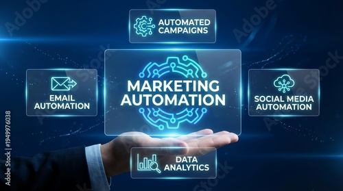 A hand presenting a digital marketing automation concept with various related icons and text on a dark blue background