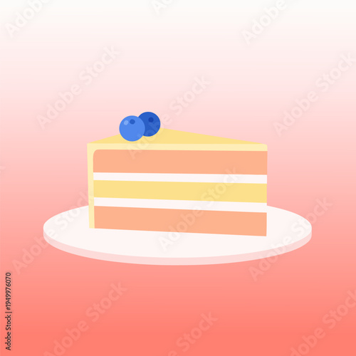 A delicious slice of cake vector illustration with blueberries on top and a soft pink gradient background, perfect for your baking and dessert-themed designs