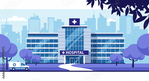 Modern Hospital Building Exterior with Ambulance and Cityscape - Vector Illustration