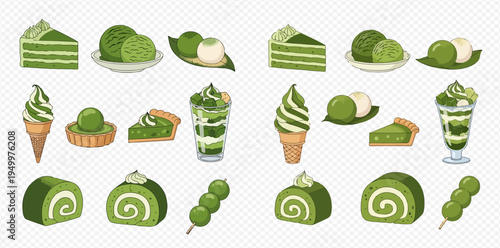 Set of delicious matcha desserts including cake, ice cream, mochi, tart, parfait, and roll cake.