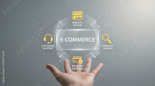 A hand holding a digital e-commerce concept with website design product search payment gateway and customer support icons