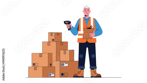 Warehouse Operations: A diligent warehouse worker scans a package amidst a pile of cardboard boxes. He is working in a dynamic environment, embodying the essence of logistics and distribution.