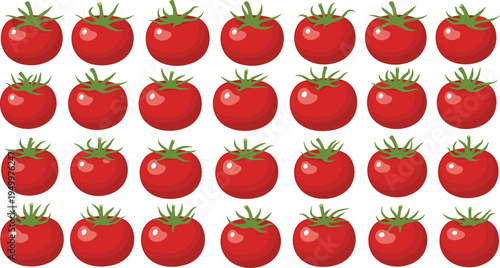 Fresh tomato icons collection. Red ripe tomatoes with green stems arranged in rows. Organic vegetable illustration for healthy food, grocery products, and farm harvest design.